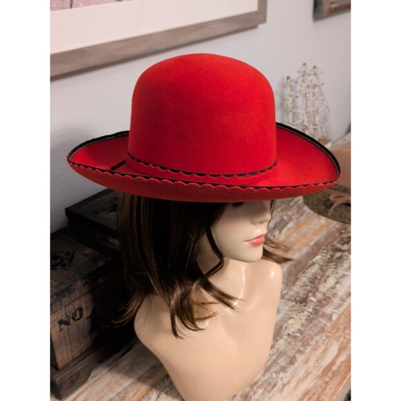 Sylvia of St Louis Red Felt Western Statement Hat Black Trim Vintage